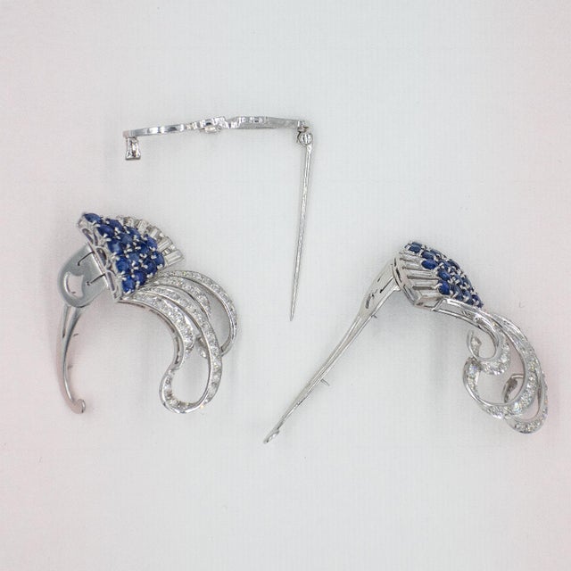 Metal 1940s Platinum Diamond Sapphire Duette Pin Brooch For Sale - Image 7 of 8