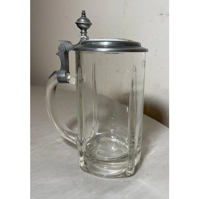 Metal Antique Hand Painted Porcelain Glass Pewter German Lidded Beer Stein Mug For Sale - Image 7 of 15