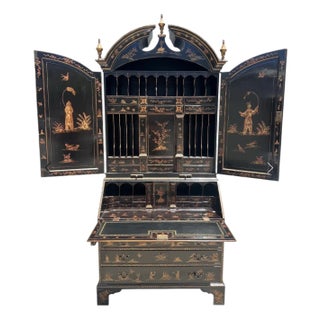 George II Style Burton-Ching Black & Gold Chinoiserie Secretary Desk Bookcase For Sale