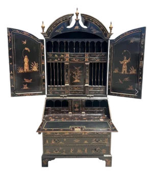 George II Style Burton-Ching Black & Gold Chinoiserie Secretary Desk Bookcase