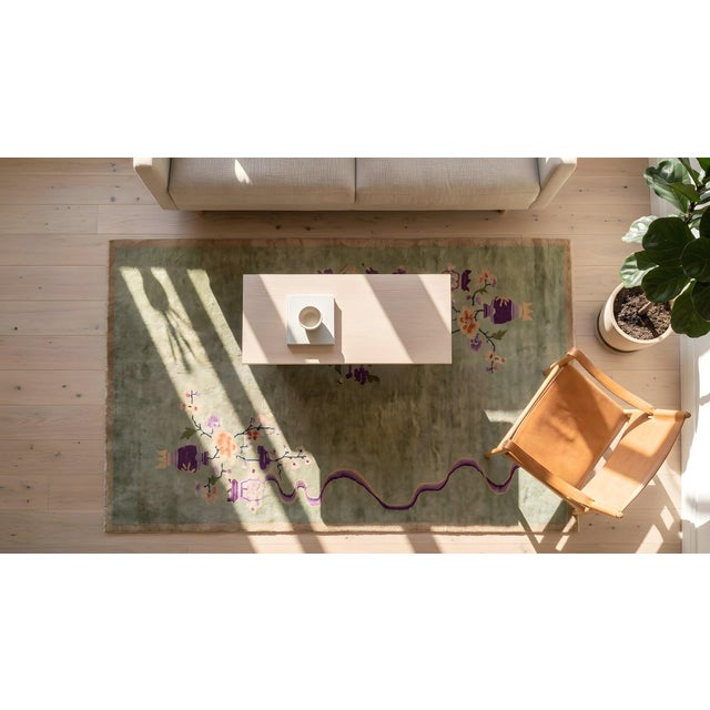 Green 1920s Green Floral Antique Chinese Art Deco Rug 3' 0'' X 5' 8'' Handknotted Wool Carpet For Sale - Image 8 of 9