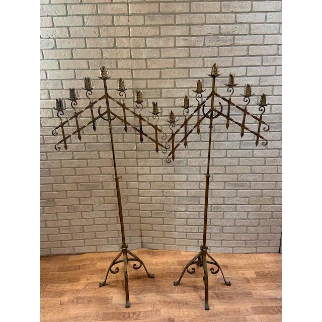 Antique Seven Light Brass Tall Adjustable Floor Candelabras Pair