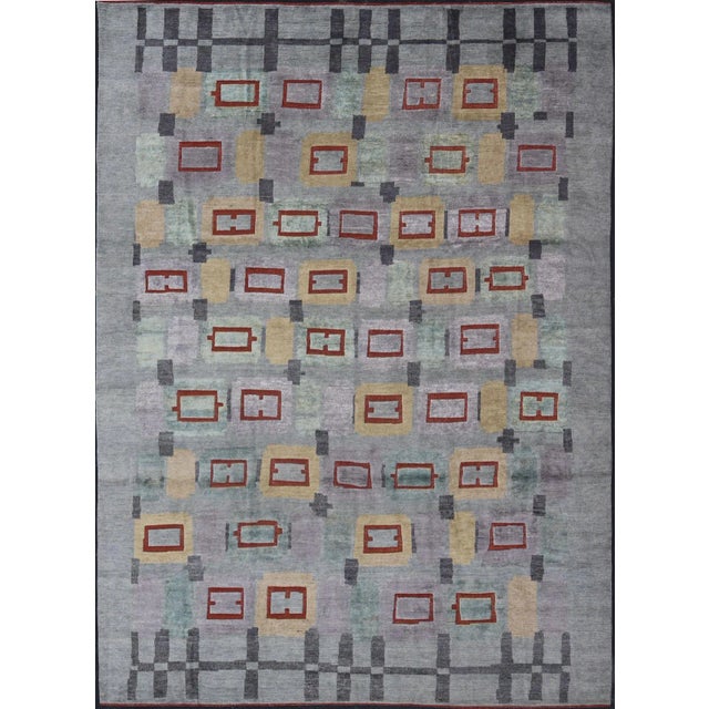 Hand-Knotted Piled Scandinavian Wool Rug in Gray, Red, and Pastels For Sale - Image 10 of 10
