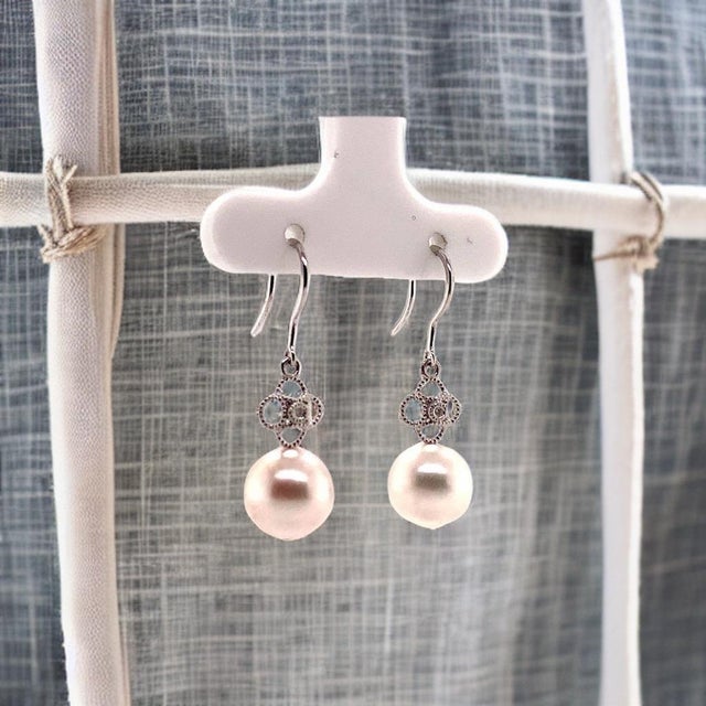 Fine Quality Diamond and Japanese Akoya Pearl Earrings set in 14 KT White Gold 9.22 mm Certified $990 017530 This is a One...