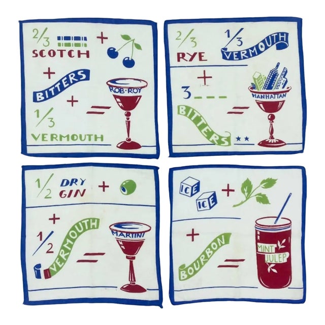 Vintage Set of 4 Cocktail Recipe Linen Napkins For Sale