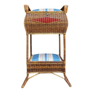 Vintage Large Woven Wicker Double Compartment Standing Sewing Basket For Sale