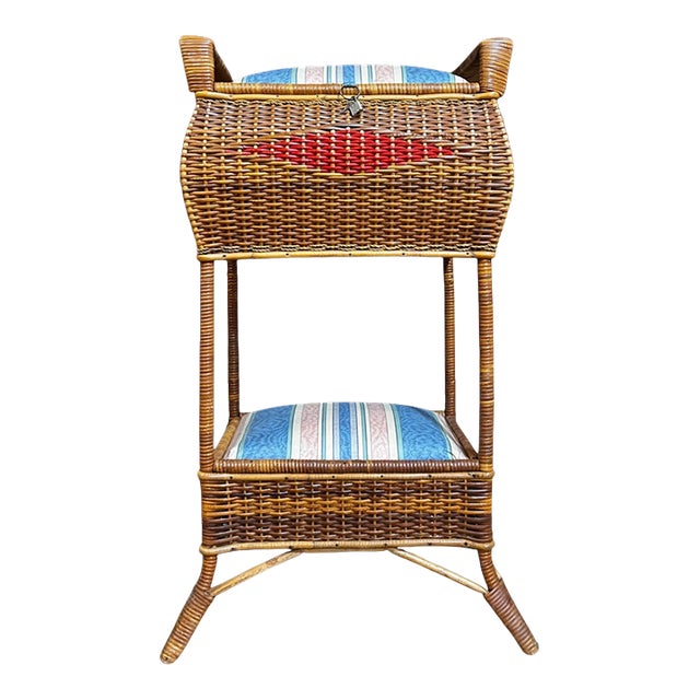 Vintage Large Woven Wicker Double Compartment Standing Sewing Basket For Sale