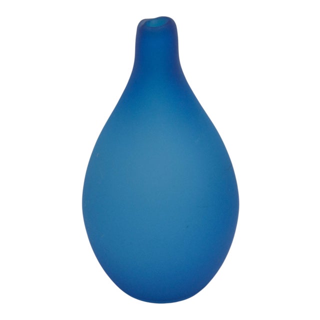 Vintage Hand-Blown Satin Glass Blue Italian Teardrop Form Bud Vase For Sale - Image 6 of 6