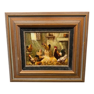 Samy Chickens in a Henhouse Painting, Signed For Sale