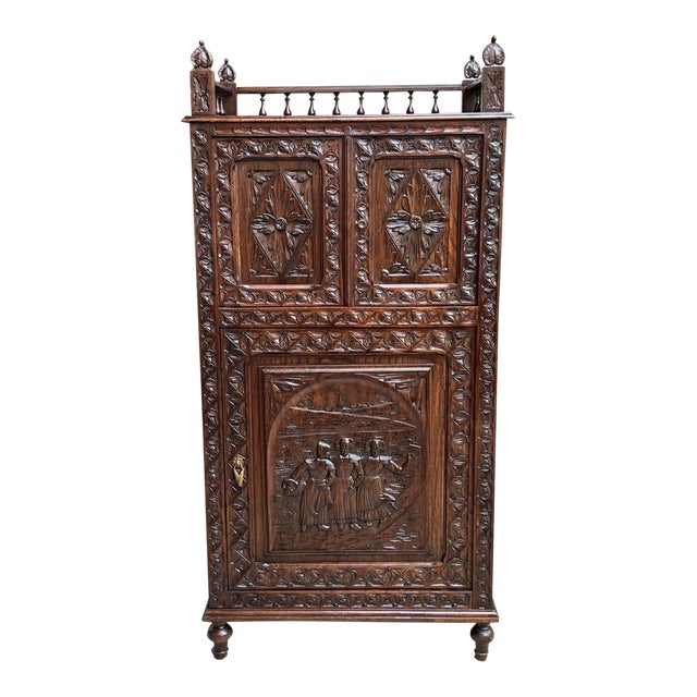 Antique French Carved Chestnut Cabinet Bonnetiere Armoire Breton Brittany Bookcase For Sale