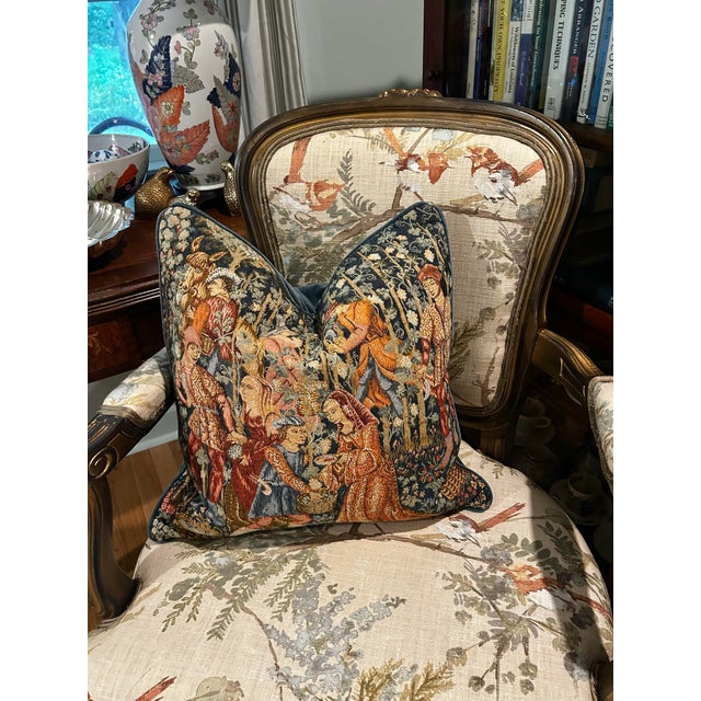 1960s Vintage English Medieval Millefleurs Tapestry 19.5”Pillow “Courtly Garden Scene” Made in England - With Down Insert For Sale - Image 5 of 10