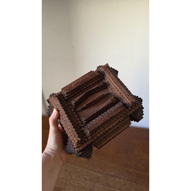 Vintage Tramp Art Wooden Box, Hand Carved Folk Art Jewelry Box, Layered Chip Carved Rustic Storage Box, Primitive Decor For Sale - Image 6 of 9