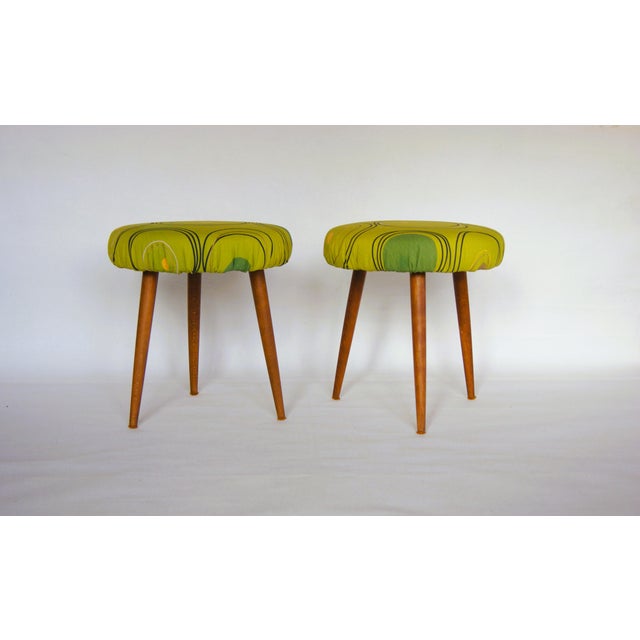 Pair of Teak Stools With Newer Upholstered Seats With Green Design Fabric - Denmark 1960s. For Sale - Image 4 of 9