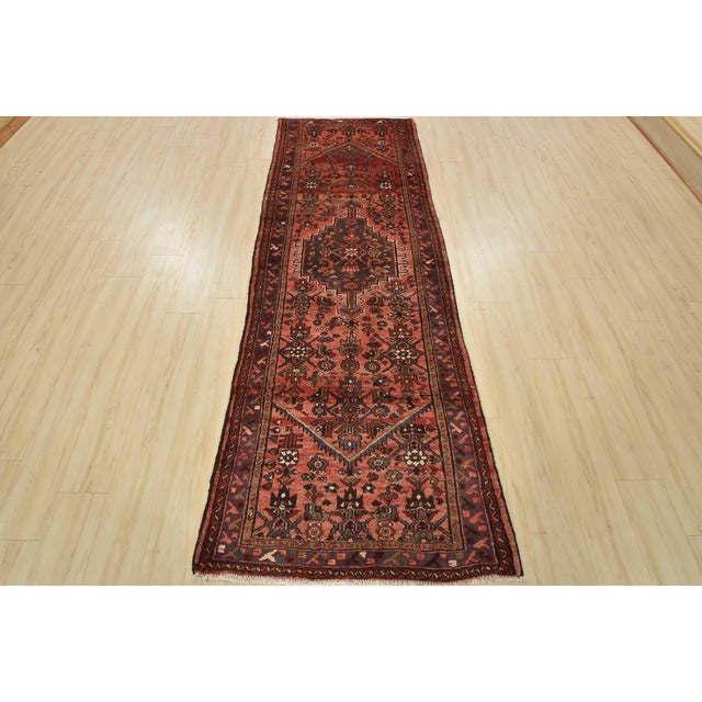 Cabin Hamedan Runner 3’6” X 9’7” Red Wool Vintage Tribal Hand-Knotted Oriental Rug For Sale - Image 3 of 14