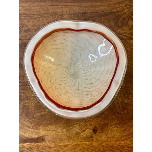 Mid-Century Modern Vintage Murano Art Glass Bowl, Gold Flake White Cased Italian Centerpiece For Sale - Image 3 of 8