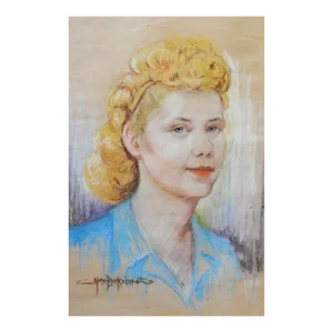 Mid 20th Century Alma Barkshadt Blonde Woman Pastel Portrait Painting