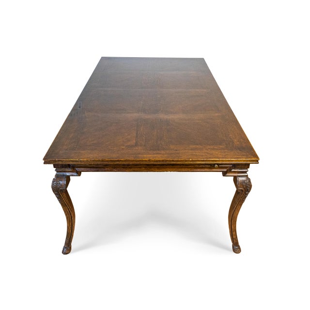 1990s Solid Wood Parquet Dining Table With Cabriole Legs & Hoof Feet – 3 Leaves For Sale - Image 14 of 17