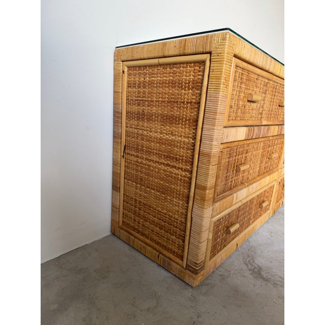 Wood Vintage Coastal Rattan & Wicker Six-Drawer Dresser With Glass Top For Sale - Image 7 of 12