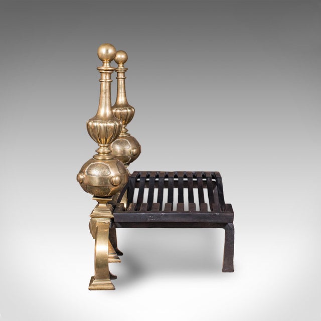 Mid 19th Century Grand Antique Fireplace Set, English Iron Fire Basket, Brass Andirons, Victorian For Sale - Image 5 of 12