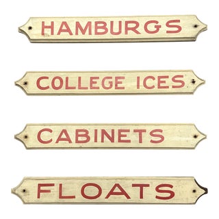 Set of Four Vintage Ice Cream Novelty /Burger Menu Board Signs: "Cabinets", "College Ices", "Floats", "Hamburgs" For Sale