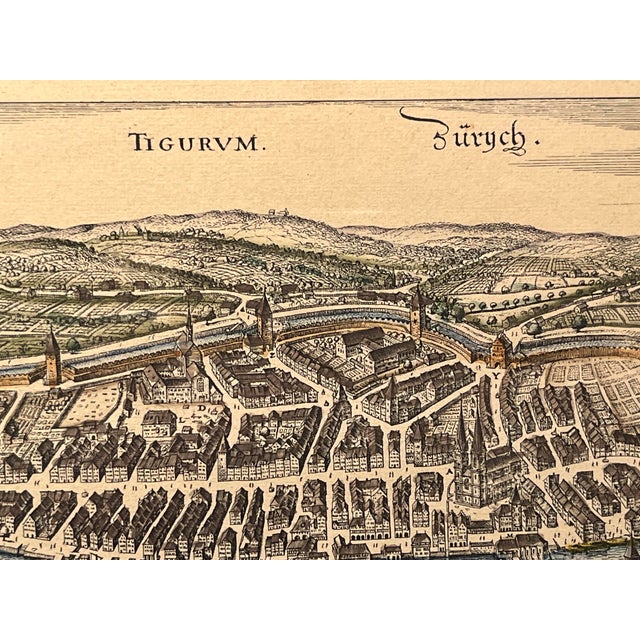 1930s Rare Vintage Hand Colored Tigurum Zurich Birds Eye View Map For Sale - Image 5 of 7