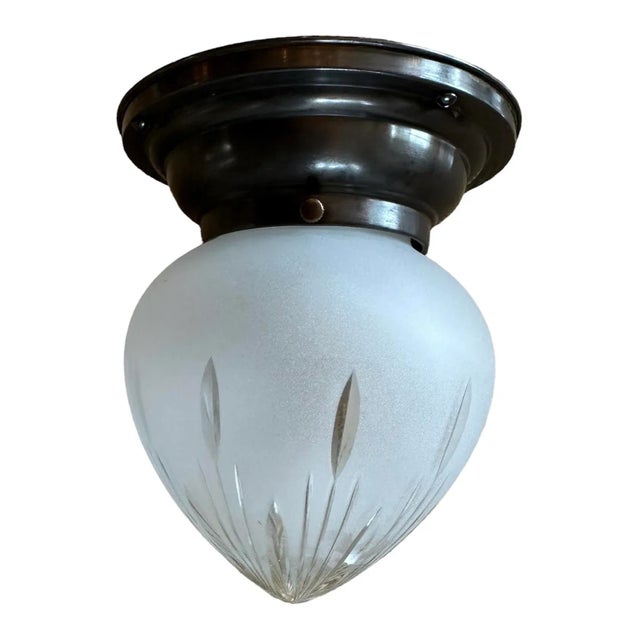 1920s Wheat Pattern Wheelcut Frosted Glass Shade on Dark Bronze Patina Flushmount Holder, Circa 1920 For Sale - Image 5 of 5