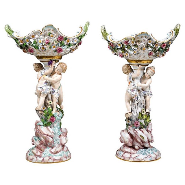 Porcelain Centerpieces with Cupids by Leuteritz for Meissen, 1860, Set of 2 For Sale - Image 13 of 13