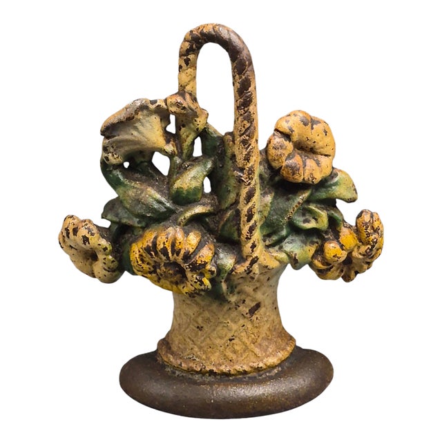 Antique Cast Iron Yellow Flower Basket Doorstop For Sale