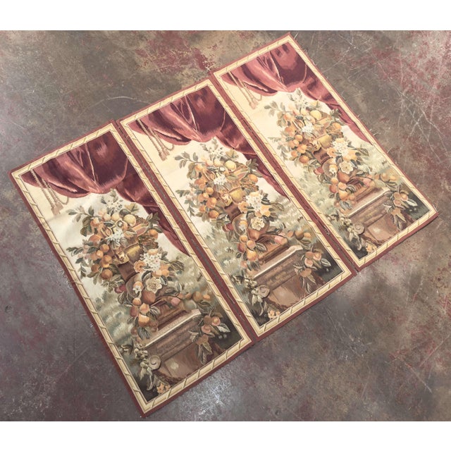 This elegant set of three antique French tapestry wall panels is attributed to the Aubusson workshops and dates to circa...