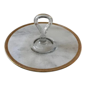 Vintage Round Glass Handled Tray and Gold Rim