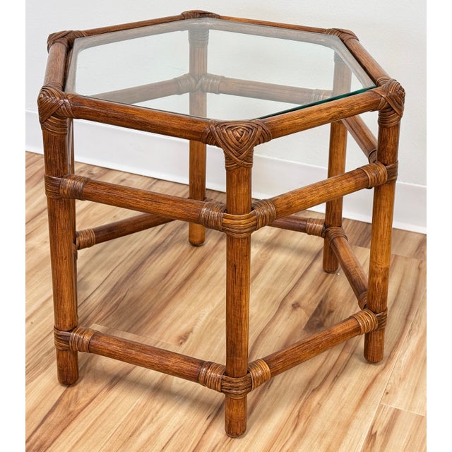Mid 20th Century Vintage Angular Rattan Glass Top Side Table For Sale - Image 5 of 8