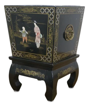 Late 20th Century Chinese Chinoiserie Black Lacquer Jade Soapstone Geisha Planter Bin