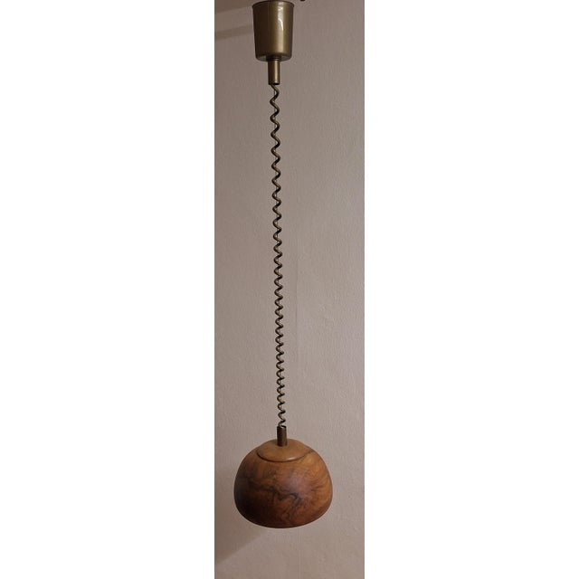Vintage Height-Adjustable Ceiling Lamp with Teak Shade on a Plastic Mount, 1970s For Sale - Image 6 of 7