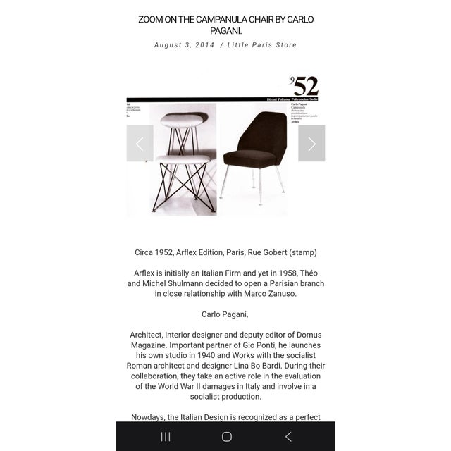 Beautiful 'Campanula' side chairs by Carlo Pagani for Arflex. Finely tapered legs under a sculpted leather back and seat....