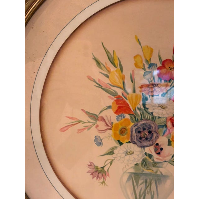 Mid 20th Century Vintage Mid Century Round Floral Still Life Art Print & Gilded Wood Frame For Sale - Image 5 of 8