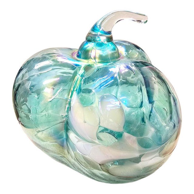 Iridescent Aqua Blue & White Swirled Art Glass Pumpkin Sculpture For Sale In Los Angeles - Image 6 of 10