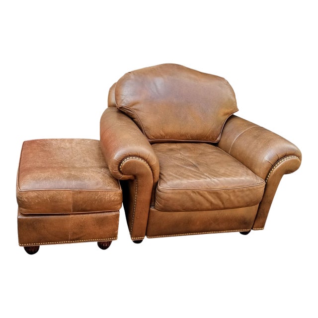 Experience the Pinnacle of Classic Comfort With Premium Hancock & Moore Leather Club Chair & Matching Ottoman For Sale