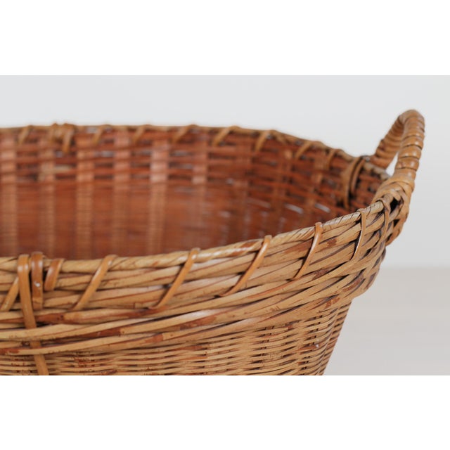 Brown Mid-Century Chinese Large Bamboo & Rattan Woven Basket With Handles For Sale - Image 8 of 15