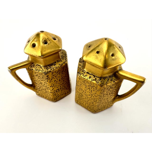 Vintage Mid Century Japanese Gilded Hexagonal Salt and Pepper Shakers For Sale - Image 4 of 7