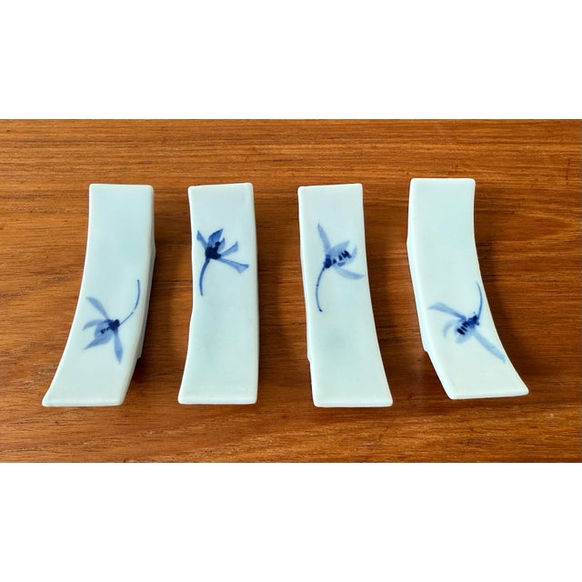 Mid 20th Century Set of 4 Porcelain Hashioki Chopstick Rests With Blue Flower Design For Sale - Image 5 of 11