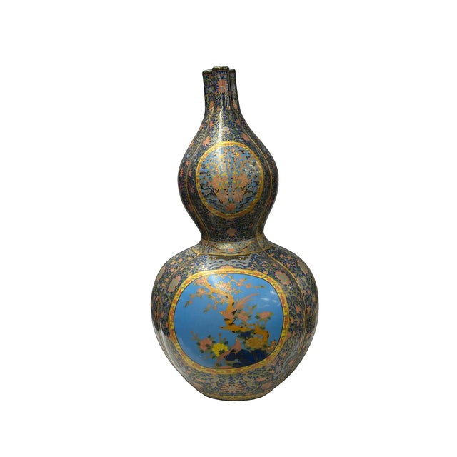 Lavender Oriental Purple Blue Gourd Shape Floral Graphic Porcelain Art Vase For Sale - Image 8 of 18
