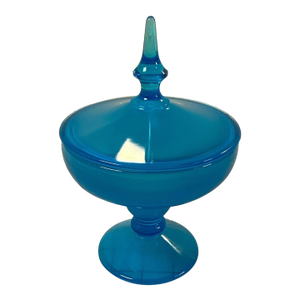 Vintage Mid Century Modern Blue Glass Covered Candy Dish