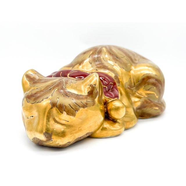 Vintage Gold Porcelain Sleeping Cat Figurine | Mid-Century Decorative Ceramic For Sale - Image 12 of 13