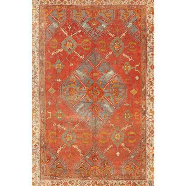 Antique Turkish Oushak Rug With Tribal Medallion Design in Terracotta and Blue 10'0 X 13'8 For Sale - Image 4 of 12