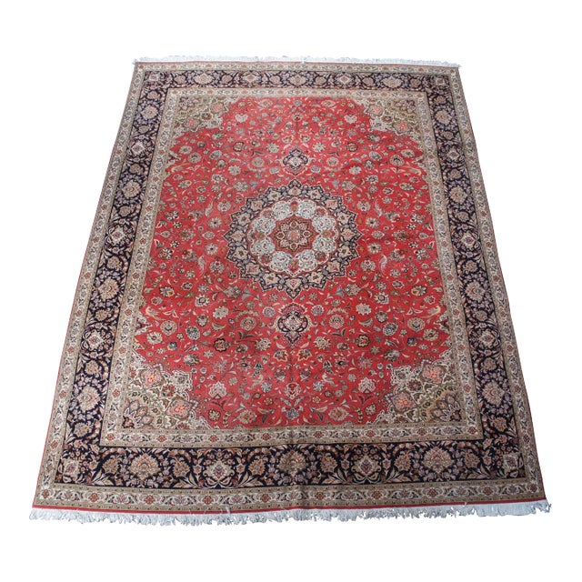 Mid 20th Century Very Fine Silk & Wool Floral All Over Red Medallion Birds Area Rug Carpet 13' X 10' For Sale