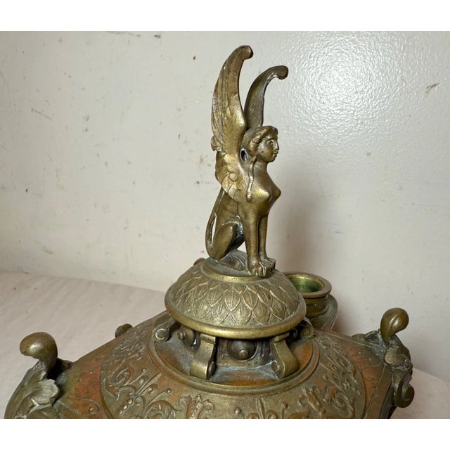 Antique Ornate 19th Century Bronze Egyptian Revival Candelabra Desk Jar Sphinx For Sale - Image 4 of 12