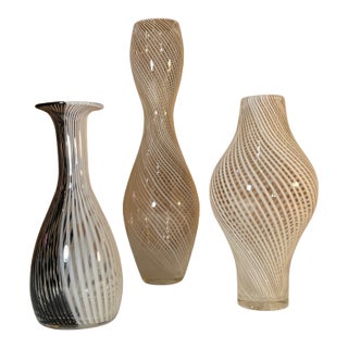 Murano Mezza Filigrana Art Glass White and White and Black Pin Stripe Swirl Vases- Set of 3 For Sale