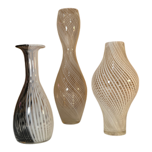 Murano Mezza Filigrana Art Glass White and White and Black Pin Stripe Swirl Vases- Set of 3