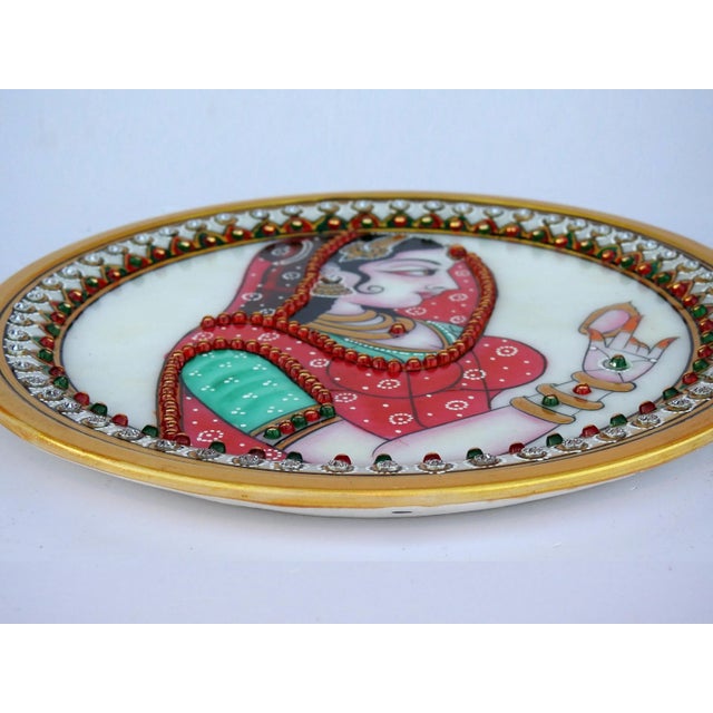Marble Handicraft Plate Rajasthani Women Bani Thani Tribal Ethnic Hand Painted For Sale - Image 4 of 7