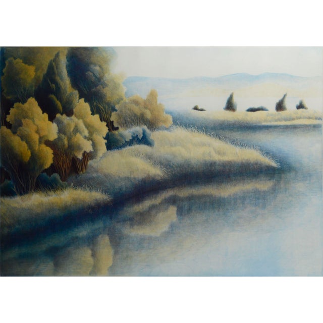 Large-scale landscape lithograph of a soft, beautiful lakeside scene titled "Haven III", in a palette of yellows and...